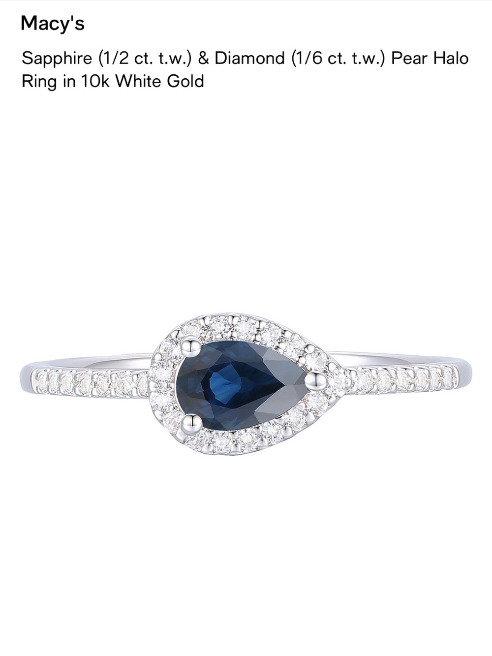 East-west Teardrop blue Saphire with natural diamond Halo Ring- 10K white gold